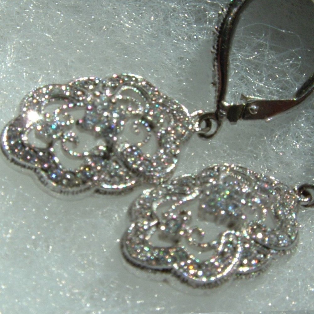 925 Sterling Silver CZ Diamonique Floral Earrings Retro Art Deco Style - Picture 8 of 14